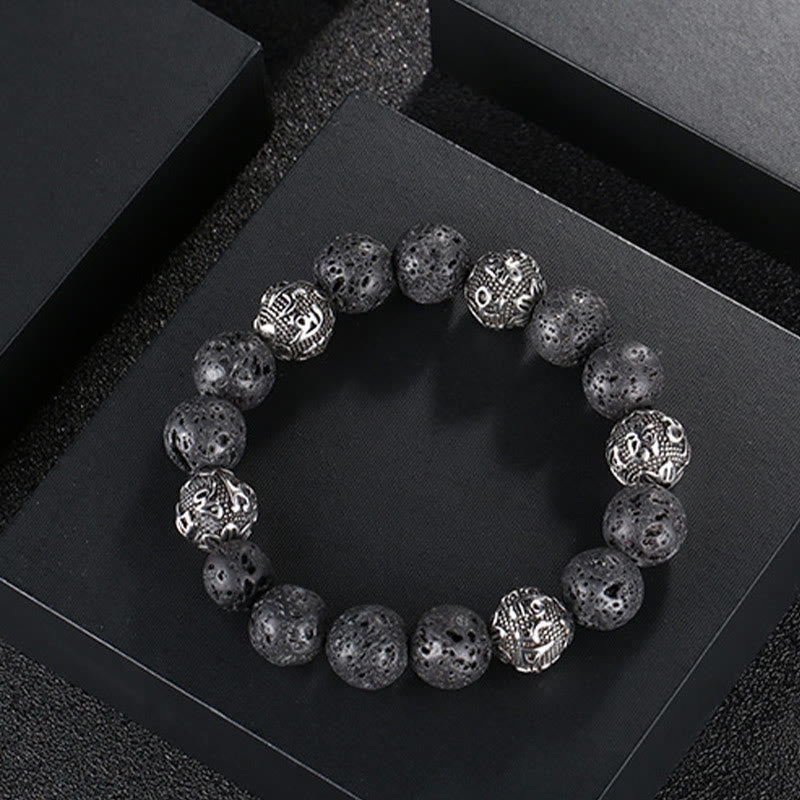 Buddha Stones Natural Lava Rock Tiger Eye Titanium Steel Six-True-Words Om Mani Padme Hum Healing Bracelet - image 1