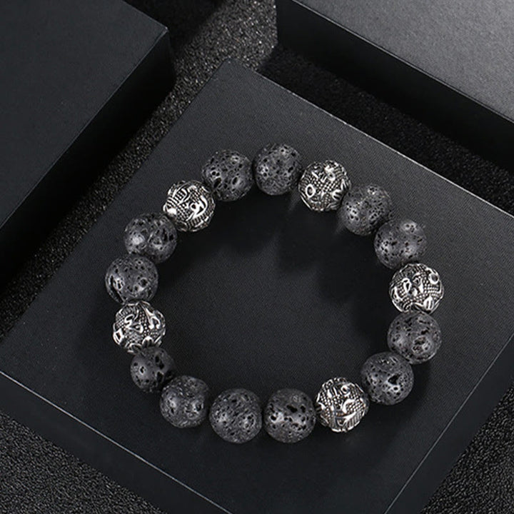 Buddha Stones Natural Lava Rock Tiger Eye Titanium Steel Six-True-Words Om Mani Padme Hum Healing Bracelet - image 1
