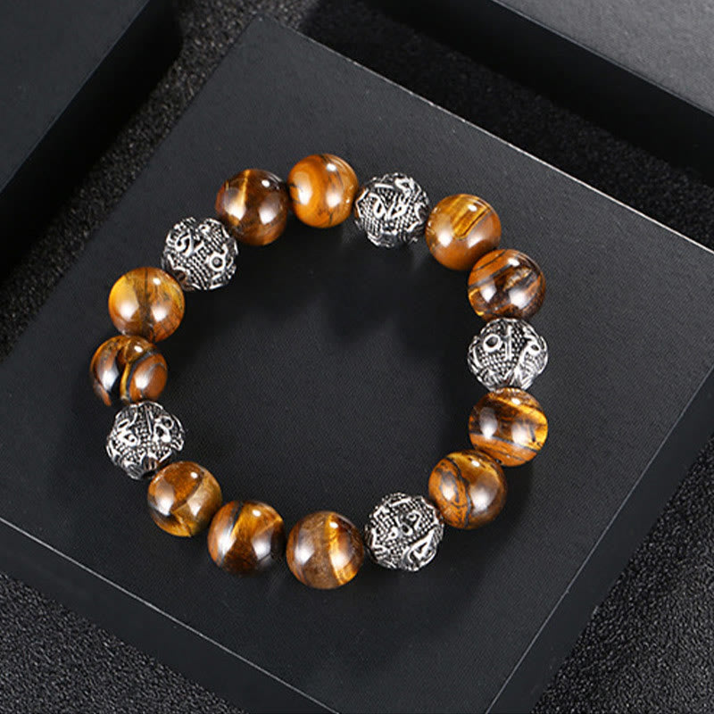 Buddha Stones Natural Lava Rock Tiger Eye Titanium Steel Six-True-Words Om Mani Padme Hum Healing Bracelet - image 8