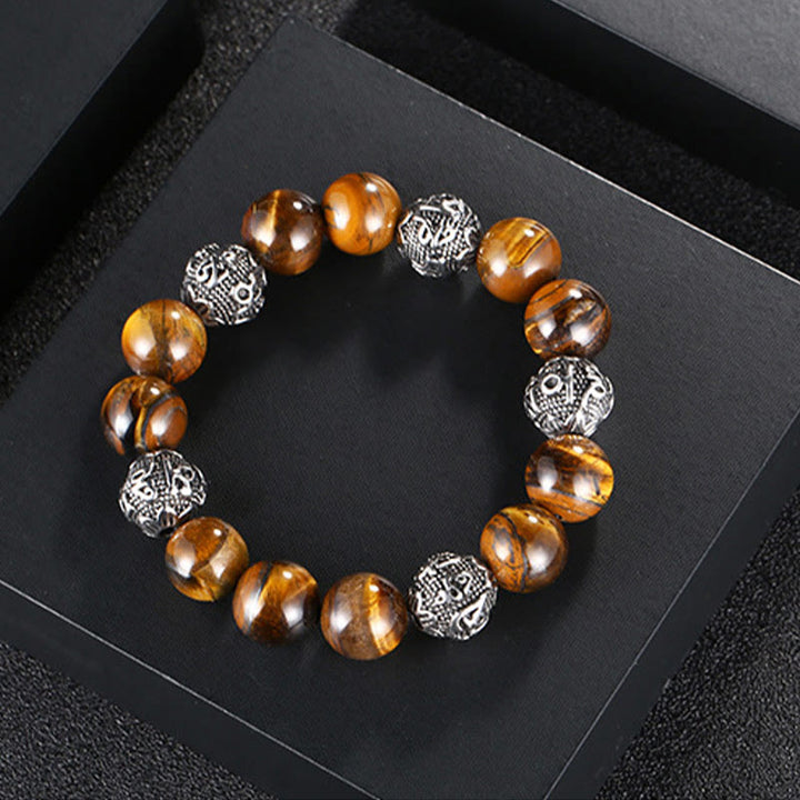 Buddha Stones Natural Lava Rock Tiger Eye Titanium Steel Six-True-Words Om Mani Padme Hum Healing Bracelet - image 8