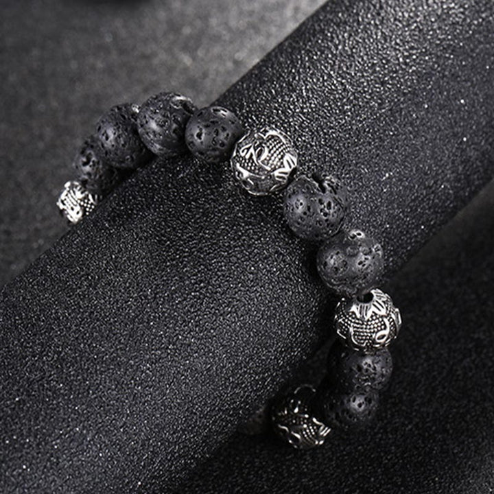 Buddha Stones Natural Lava Rock Tiger Eye Titanium Steel Six-True-Words Om Mani Padme Hum Healing Bracelet - image 2