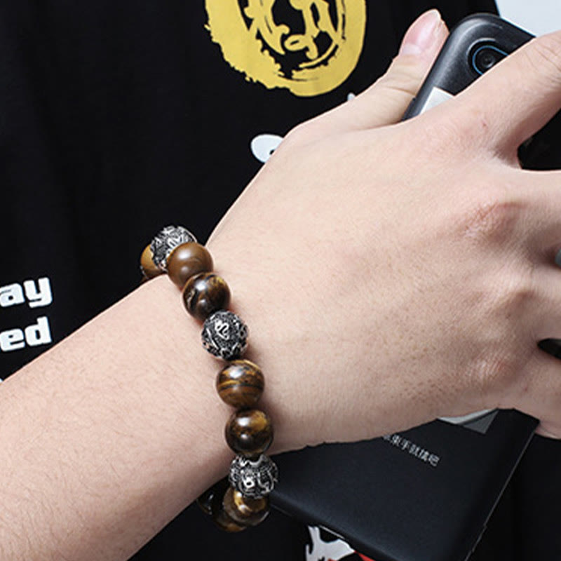 Buddha Stones Natural Lava Rock Tiger Eye Titanium Steel Six-True-Words Om Mani Padme Hum Healing Bracelet - image 13