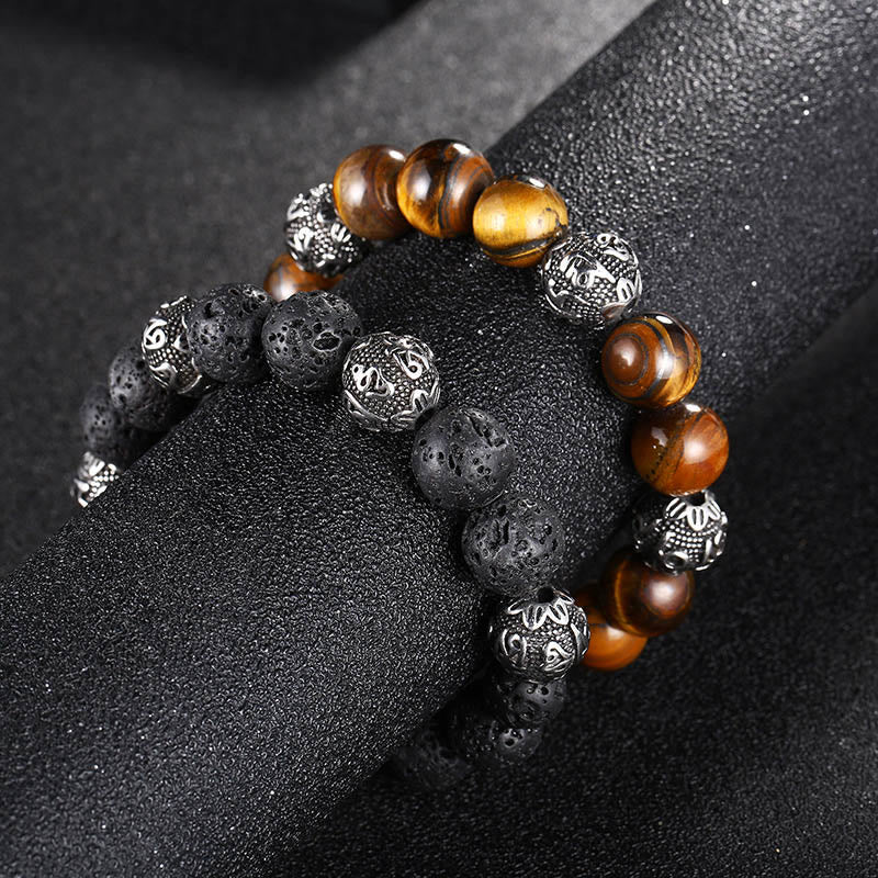 Buddha Stones Natural Lava Rock Tiger Eye Titanium Steel Six-True-Words Om Mani Padme Hum Healing Bracelet - image 15