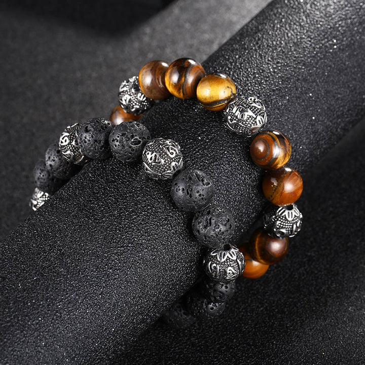 Buddha Stones Natural Lava Rock Tiger Eye Titanium Steel Six-True-Words Om Mani Padme Hum Healing Bracelet - image 15