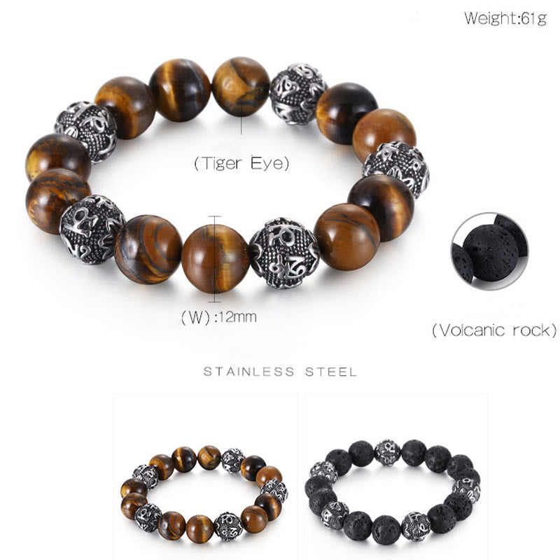 Buddha Stones Natural Lava Rock Tiger Eye Titanium Steel Six-True-Words Om Mani Padme Hum Healing Bracelet - image 11
