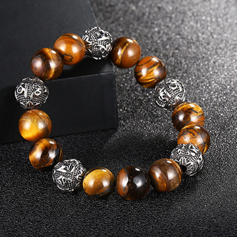 Buddha Stones Natural Lava Rock Tiger Eye Titanium Steel Six-True-Words Om Mani Padme Hum Healing Bracelet - Tiger Eye(Wrist Circumference: 17-21cm) - image 7