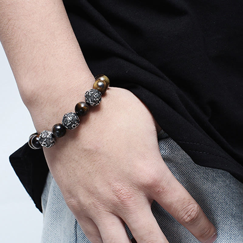 Buddha Stones Natural Tiger Eye Lava Rock Black Obsidian Titanium Steel Six-True-Words Om Mani Padme Hum Protection Bracelet - image 3