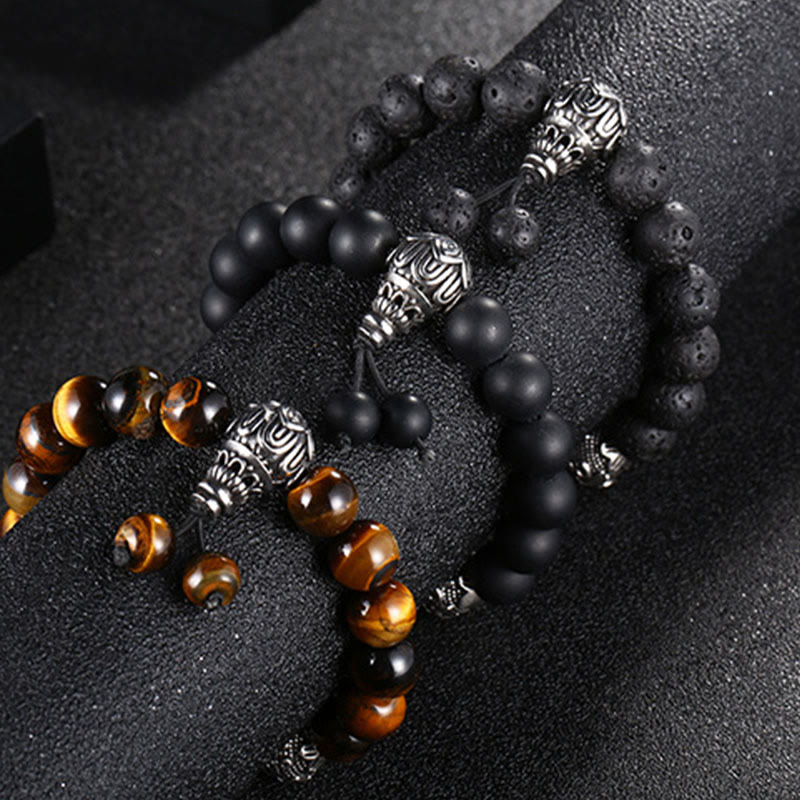 Buddha Stones Natural Tiger Eye Lava Rock Black Obsidian Titanium Steel Six-True-Words Om Mani Padme Hum Protection Bracelet - image 19