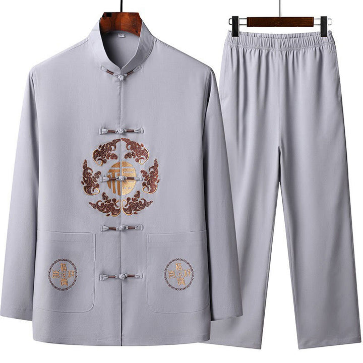 Buddha Stones Chinese New Year Embroidered Fu Tang Suit Hanfu Long Sleeve Top Pants Clothing Men's Set - Thistle - US/UK/AU44，EU54 (4XL) - image 1