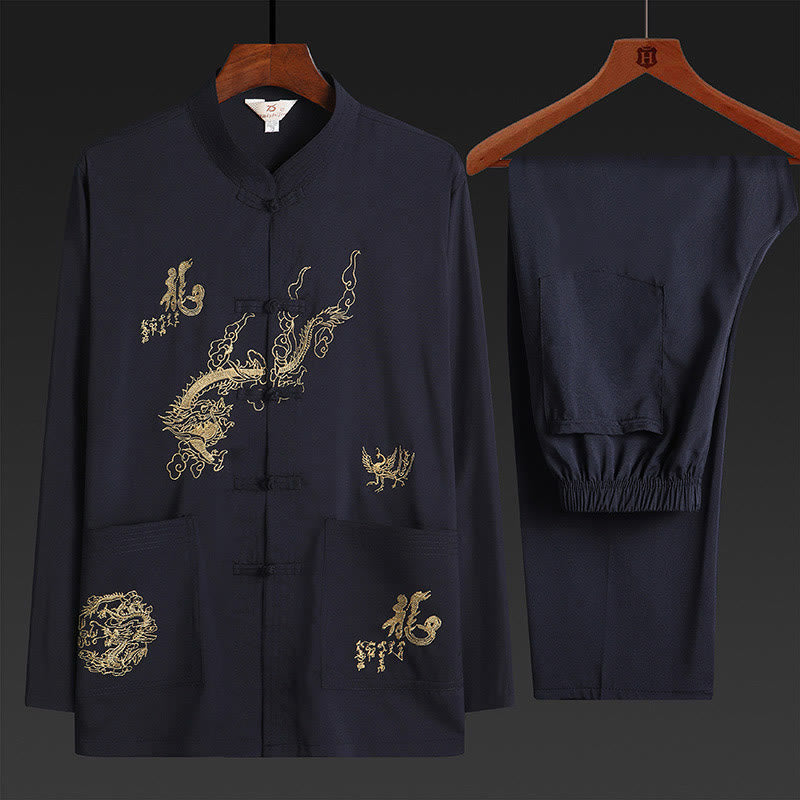 Buddha Stones Chinese New Year Embroidered Dragon Frog-button Tang Suit Hanfu Traditional Uniform Long Sleeve Top Pants Clothing Men's Set - MidnightBlue - US/UK/AU42，EU52 (3XL) - image 4