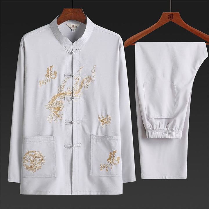 Buddha Stones Chinese New Year Embroidered Dragon Frog-button Tang Suit Hanfu Traditional Uniform Long Sleeve Top Pants Clothing Men's Set - WhiteSmoke - US/UK/AU42，EU52 (3XL) - image 5