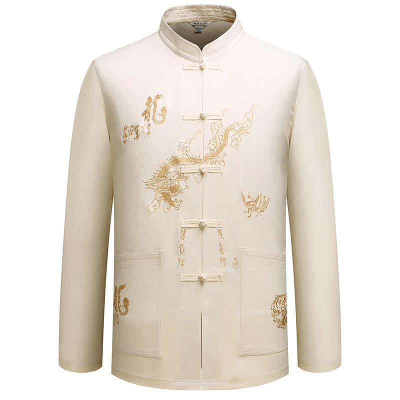Buddha Stones Chinese New Year Embroidered Dragon Frog-button Tang Suit Hanfu Traditional Uniform Long Sleeve Top Pants Clothing Men's Set - image 3