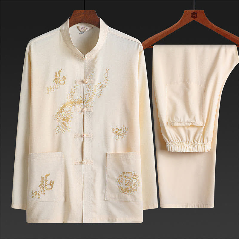 Buddha Stones Chinese New Year Embroidered Dragon Frog-button Tang Suit Hanfu Traditional Uniform Long Sleeve Top Pants Clothing Men's Set - LemonChiffon - US/UK/AU42，EU52 (3XL) - image 2
