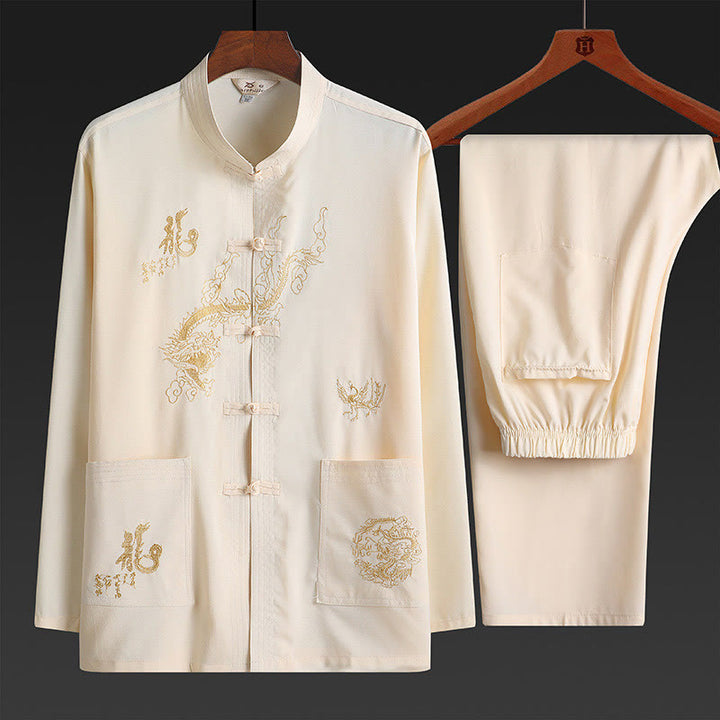 Buddha Stones Chinese New Year Embroidered Dragon Frog-button Tang Suit Hanfu Traditional Uniform Long Sleeve Top Pants Clothing Men's Set - LemonChiffon - US/UK/AU42，EU52 (3XL) - image 2