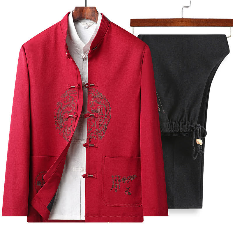 Buddha Stones Chinese New Year Embroidered Tang Suit Hanfu Traditional Uniform Long Sleeve Top Pants Clothing Men's Set - Red-Top&Pants - US/UK/AU46，EU56 (5XL) - image 0