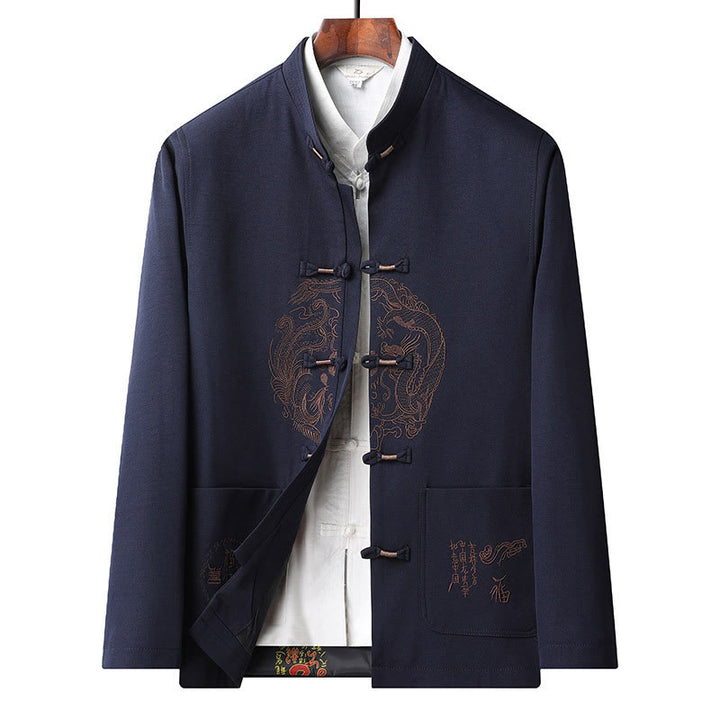 Buddha Stones Chinese New Year Embroidered Tang Suit Hanfu Traditional Uniform Long Sleeve Top Pants Clothing Men's Set - DarkBlue-Top - US/UK/AU46，EU56 (5XL) - image 16