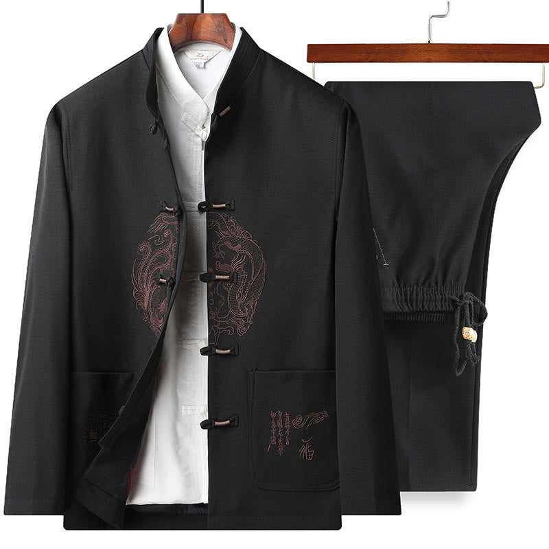 Buddha Stones Chinese New Year Embroidered Tang Suit Hanfu Traditional Uniform Long Sleeve Top Pants Clothing Men's Set - Black-Top&Pants - US/UK/AU46，EU56 (5XL) - image 4