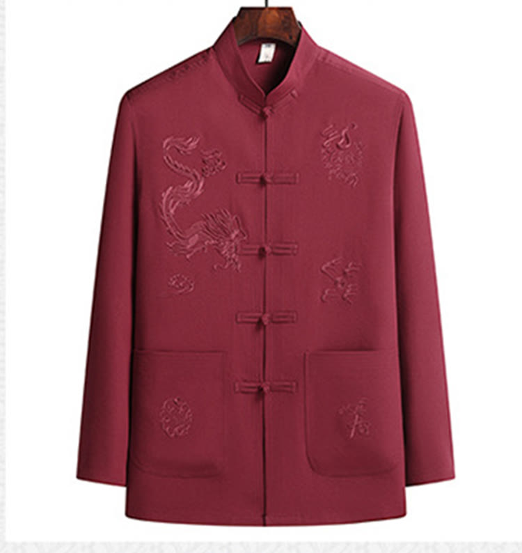 Buddha Stones Chinese New Year Embroidered Dragon Frog-button Tang Suit Hanfu Long Sleeve Top Pants Clothing Men's Set - image 2