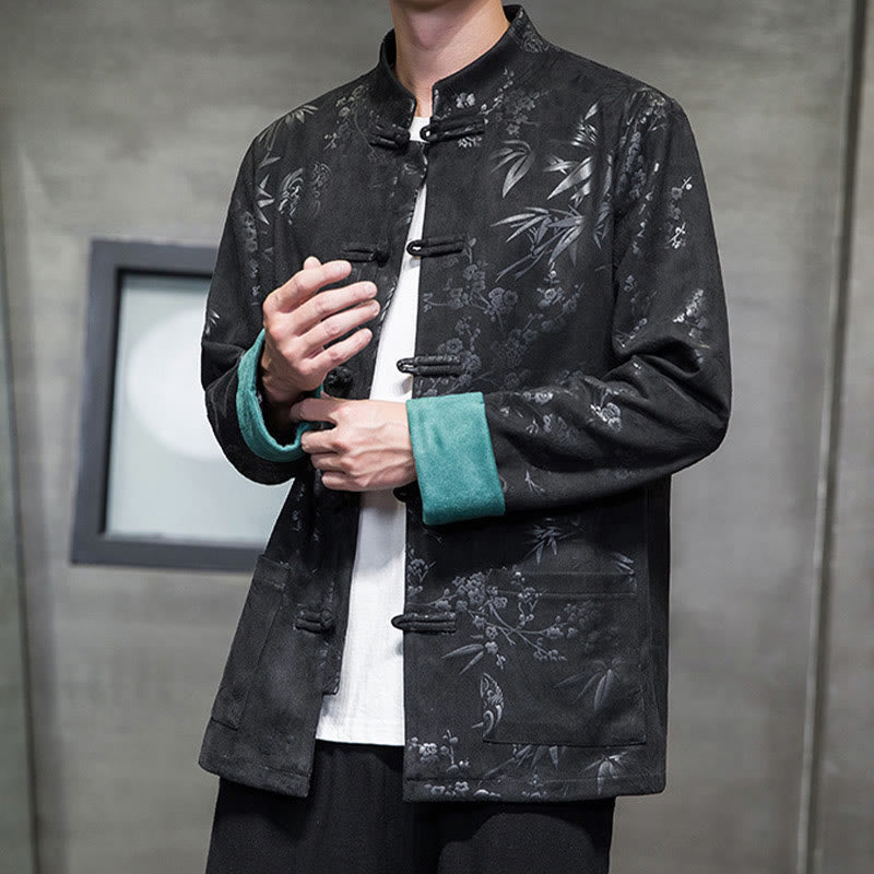 Buddha Stones Chinese New Year Clothes Flowers Bamboo Solid Color Cuff Frog-button Tang Suit Cotton Men's Jacket Shirt With Pockets - image 31