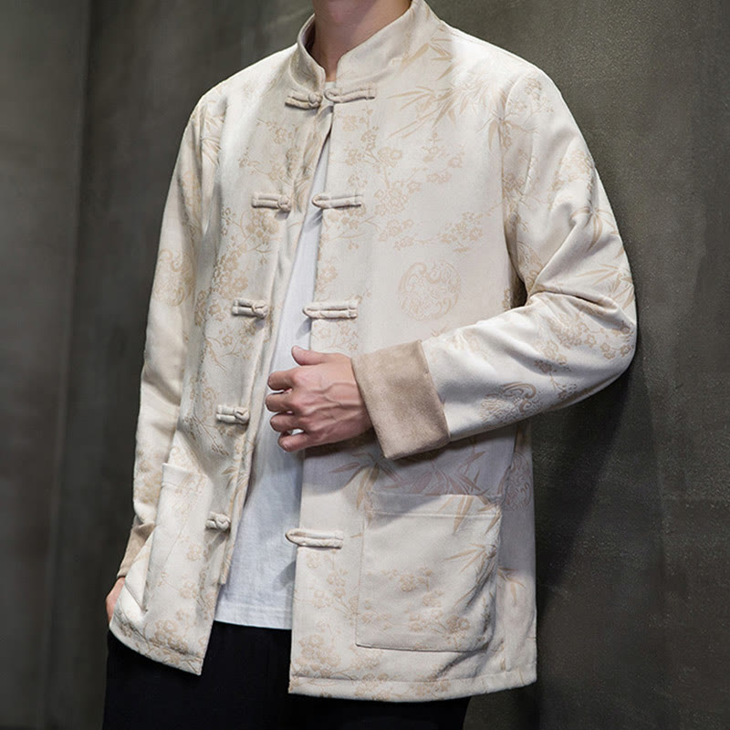 Buddha Stones Chinese New Year Clothes Flowers Bamboo Solid Color Cuff Frog-button Tang Suit Cotton Men's Jacket Shirt With Pockets - image 44