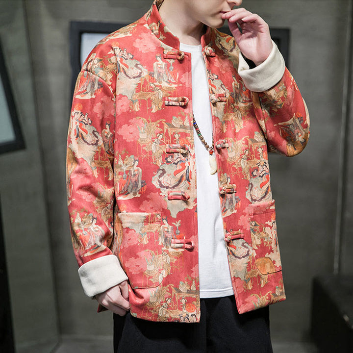 Buddha Stones Chinese New Year Clothes Ancient Figure Painting Solid Color Cuff Frog-button Tang Suit Cotton Men's Jacket Shirt With Pockets - image 2