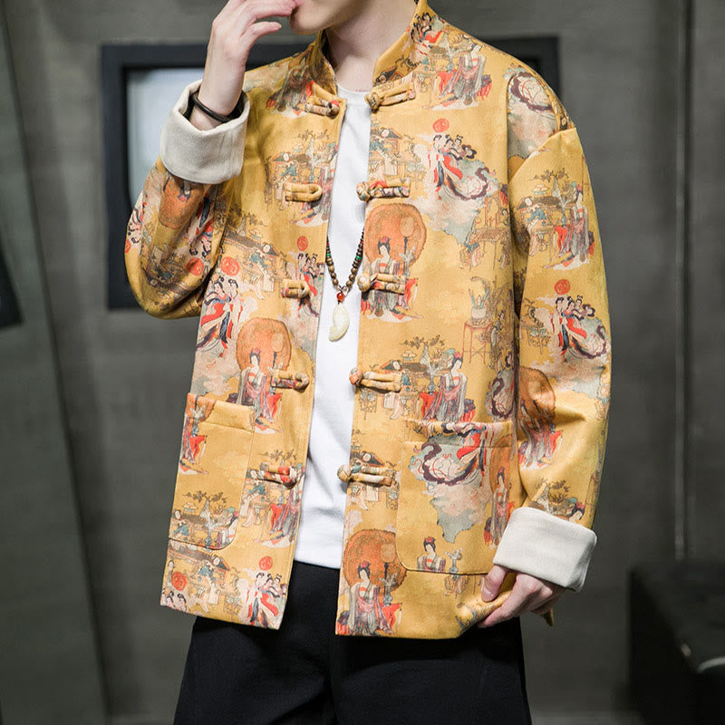 Buddha Stones Chinese New Year Clothes Ancient Figure Painting Solid Color Cuff Frog-button Tang Suit Cotton Men's Jacket Shirt With Pockets - image 10