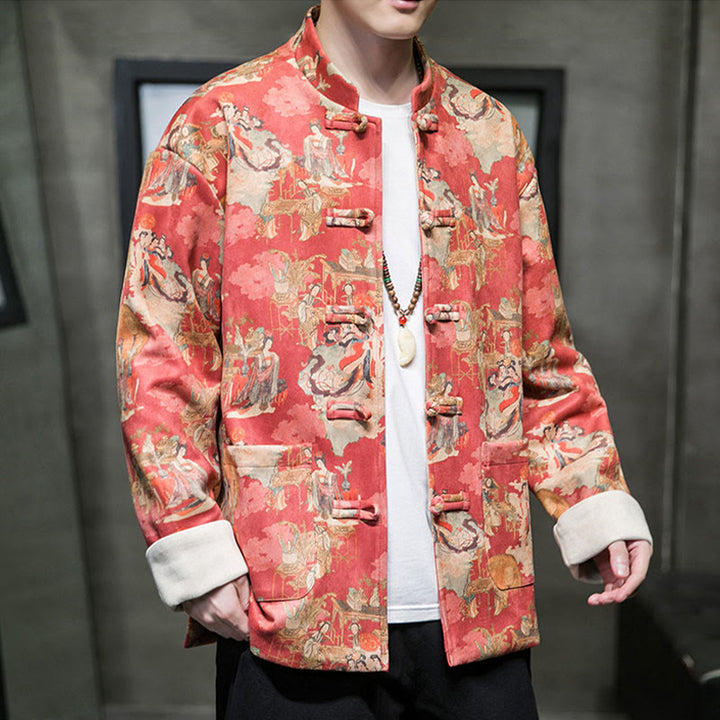 Buddha Stones Chinese New Year Clothes Ancient Figure Painting Solid Color Cuff Frog-button Tang Suit Cotton Men's Jacket Shirt With Pockets - image 3