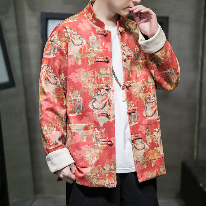 Buddha Stones Chinese New Year Clothes Ancient Figure Painting Solid Color Cuff Frog-button Tang Suit Cotton Men's Jacket Shirt With Pockets - image 6