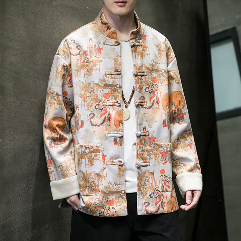 Buddha Stones Chinese New Year Clothes Ancient Figure Painting Solid Color Cuff Frog-button Tang Suit Cotton Men's Jacket Shirt With Pockets - image 18