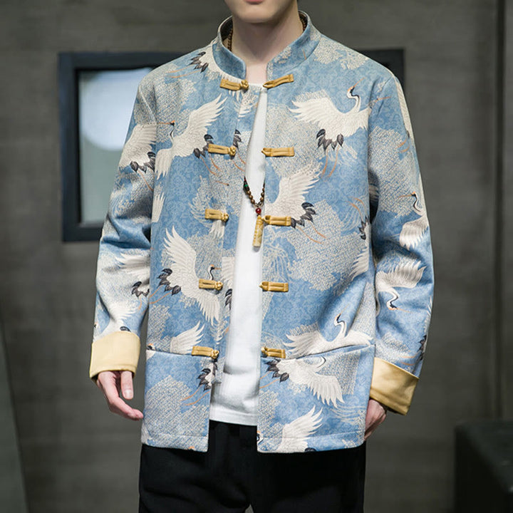Buddha Stones Chinese New Year Clothes White Crane Gold Frog-button Tang Suit Cotton Men's Jacket Shirt With Pockets - image 1