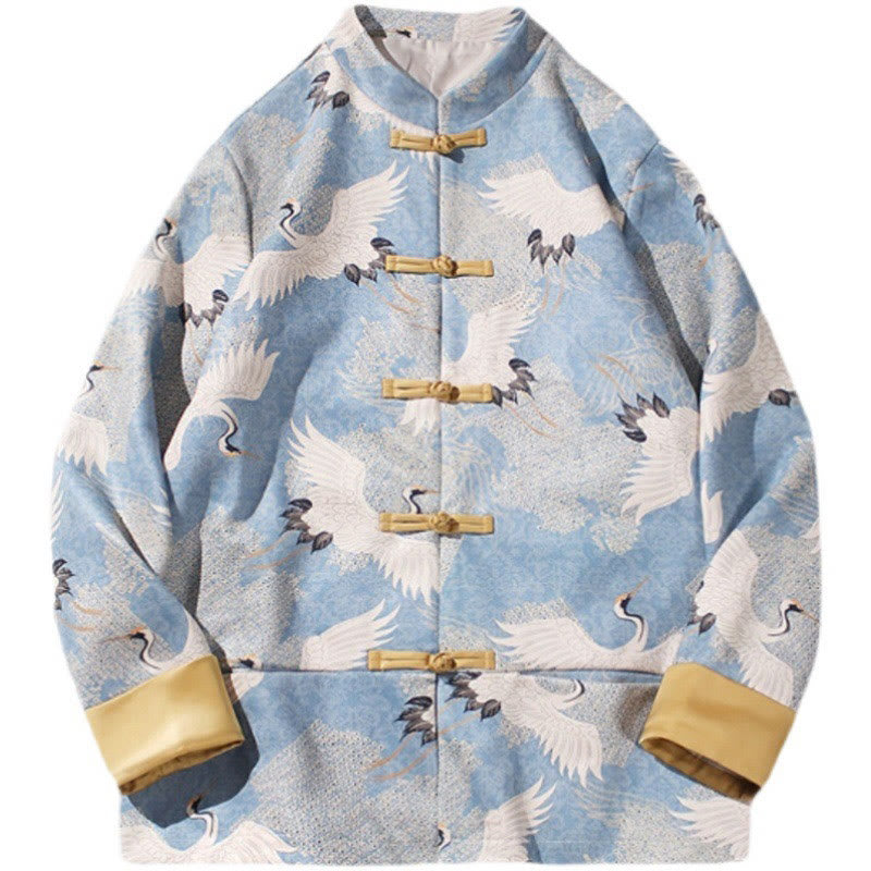 Buddha Stones Chinese New Year Clothes White Crane Gold Frog-button Tang Suit Cotton Men's Jacket Shirt With Pockets - image 10
