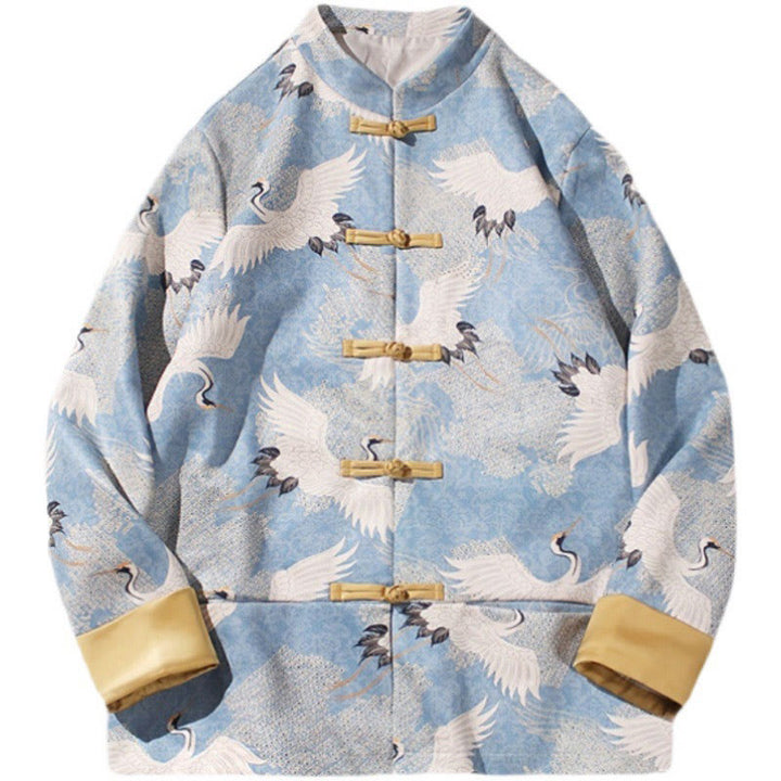 Buddha Stones Chinese New Year Clothes White Crane Gold Frog-button Tang Suit Cotton Men's Jacket Shirt With Pockets - image 10