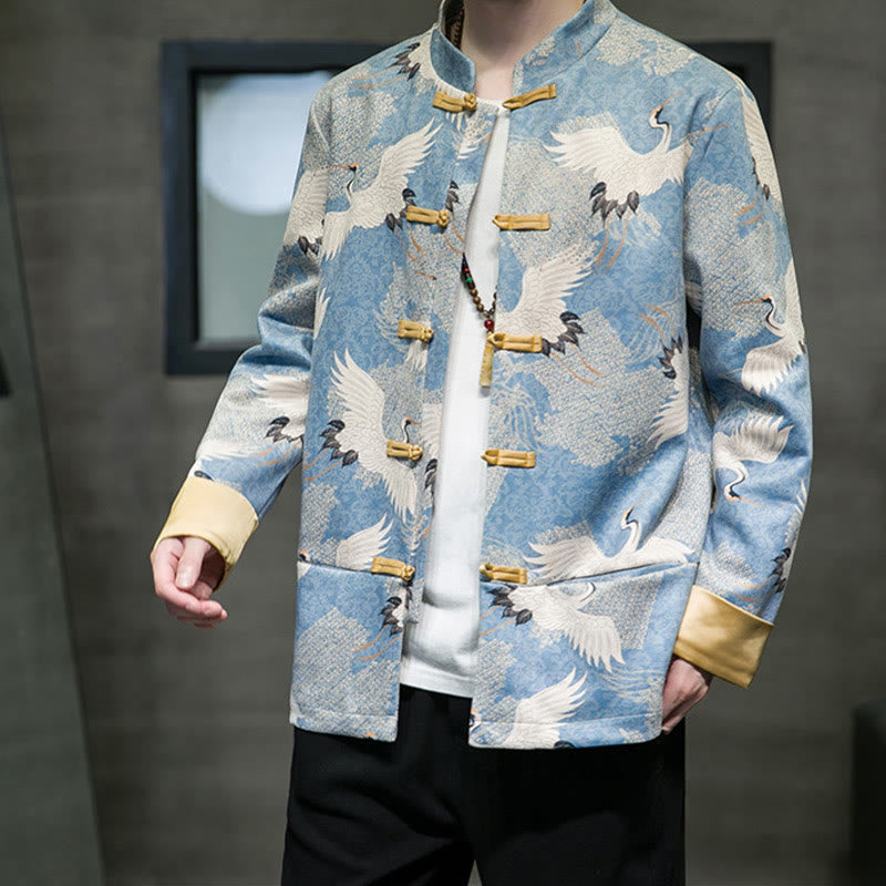 Buddha Stones Chinese New Year Clothes White Crane Gold Frog-button Tang Suit Cotton Men's Jacket Shirt With Pockets - image 9