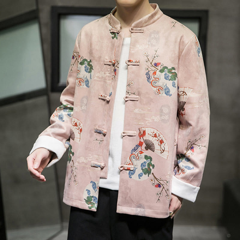 Buddha Stones Chinese New Year Clothes Flowers Dragon Fan Auspicious Clouds Frog-button Tang Suit Cotton Men's Jacket Shirt - image 1