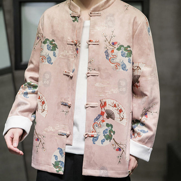 Buddha Stones Chinese New Year Clothes Flowers Dragon Fan Auspicious Clouds Frog-button Tang Suit Cotton Men's Jacket Shirt - image 5