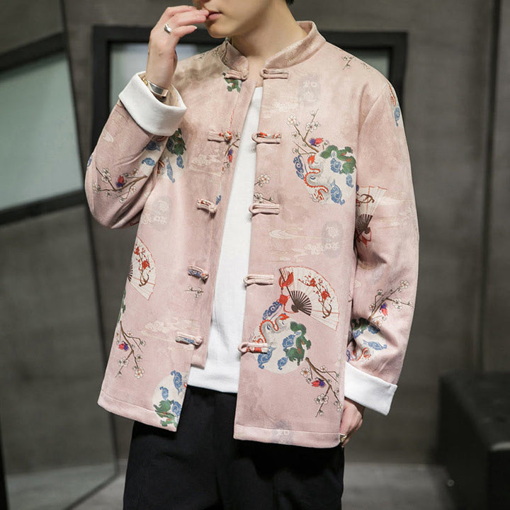 Buddha Stones Chinese New Year Clothes Flowers Dragon Fan Auspicious Clouds Frog-button Tang Suit Cotton Men's Jacket Shirt - image 4