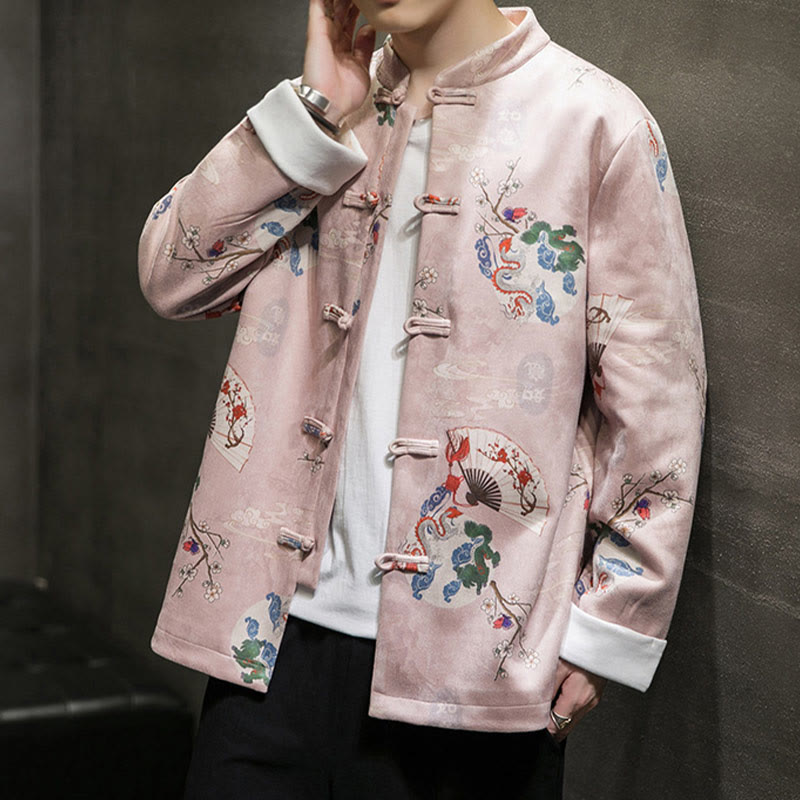 Buddha Stones Chinese New Year Clothes Flowers Dragon Fan Auspicious Clouds Frog-button Tang Suit Cotton Men's Jacket Shirt - image 2