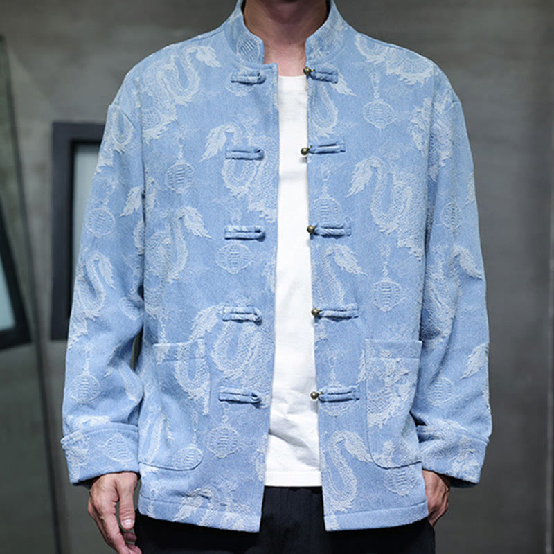 Buddha Stones Chinese New Year Jacquard Embroidery Dragon Lantern Frog-button Tang Suit Cotton Men's Jacket Shirt With Pockets - image 10