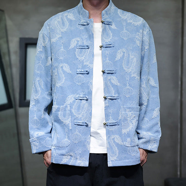 Buddha Stones Chinese New Year Jacquard Embroidery Dragon Lantern Frog-button Tang Suit Cotton Men's Jacket Shirt With Pockets - image 8