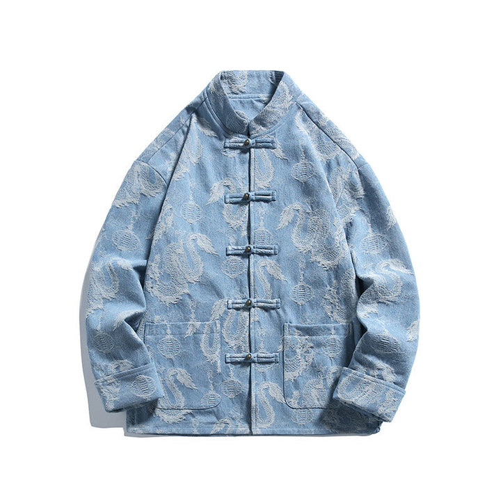 Buddha Stones Chinese New Year Jacquard Embroidery Dragon Lantern Frog-button Tang Suit Cotton Men's Jacket Shirt With Pockets - image 15