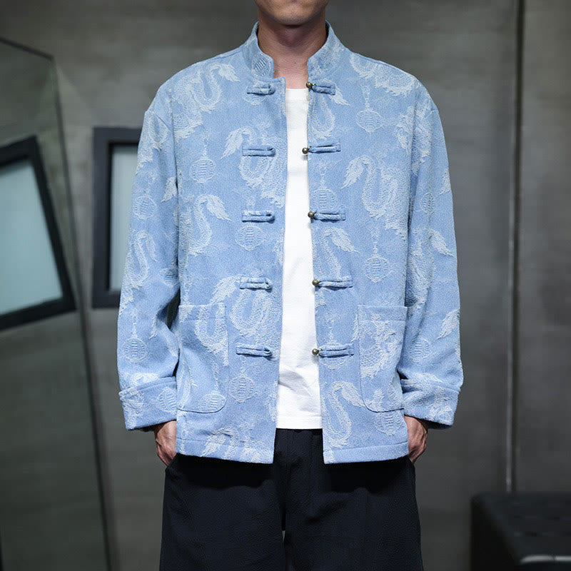 Buddha Stones Chinese New Year Jacquard Embroidery Dragon Lantern Frog-button Tang Suit Cotton Men's Jacket Shirt With Pockets - LightSkyBlue - US/UK/AU46，EU56 (5XL) - image 7