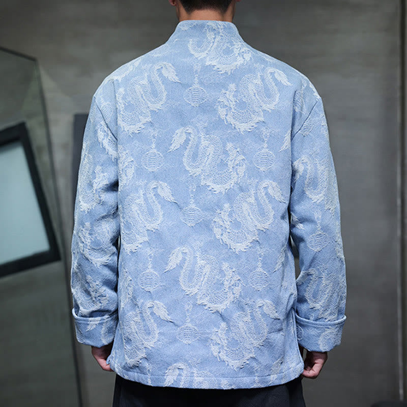 Buddha Stones Chinese New Year Jacquard Embroidery Dragon Lantern Frog-button Tang Suit Cotton Men's Jacket Shirt With Pockets - image 11