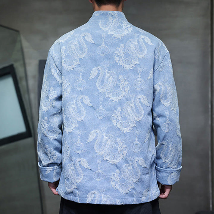 Buddha Stones Chinese New Year Jacquard Embroidery Dragon Lantern Frog-button Tang Suit Cotton Men's Jacket Shirt With Pockets - image 11