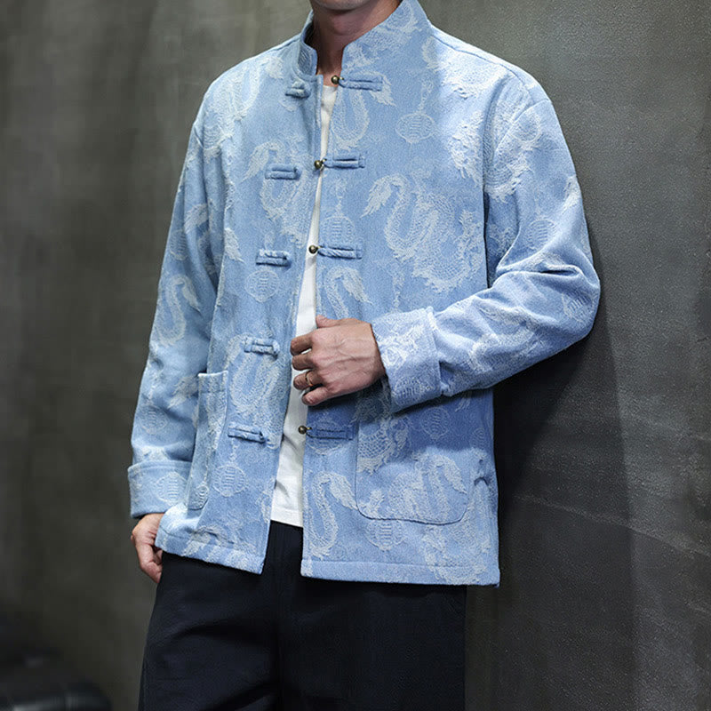 Buddha Stones Chinese New Year Jacquard Embroidery Dragon Lantern Frog-button Tang Suit Cotton Men's Jacket Shirt With Pockets - image 14