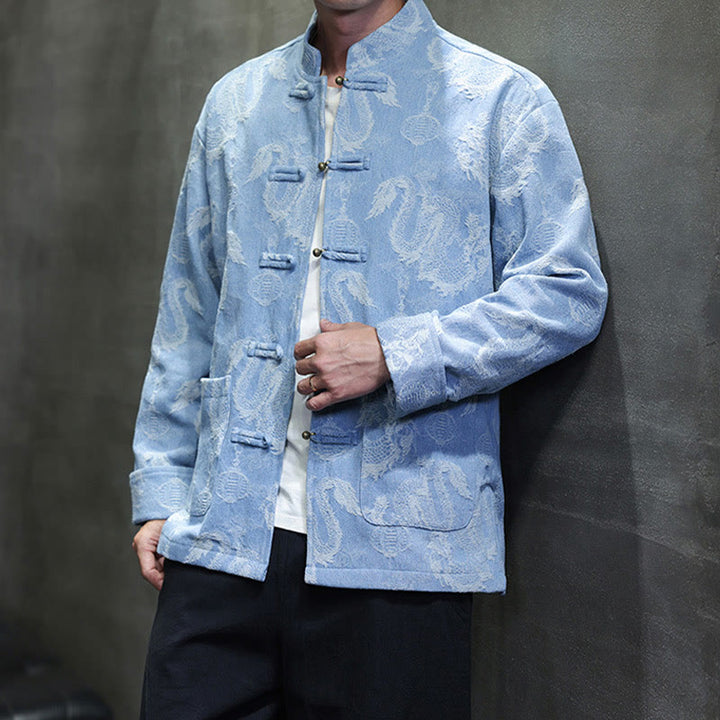Buddha Stones Chinese New Year Jacquard Embroidery Dragon Lantern Frog-button Tang Suit Cotton Men's Jacket Shirt With Pockets - image 14