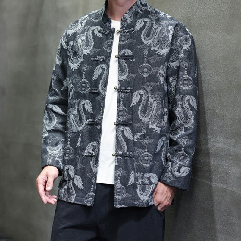 Buddha Stones Chinese New Year Jacquard Embroidery Dragon Lantern Frog-button Tang Suit Cotton Men's Jacket Shirt With Pockets - image 19