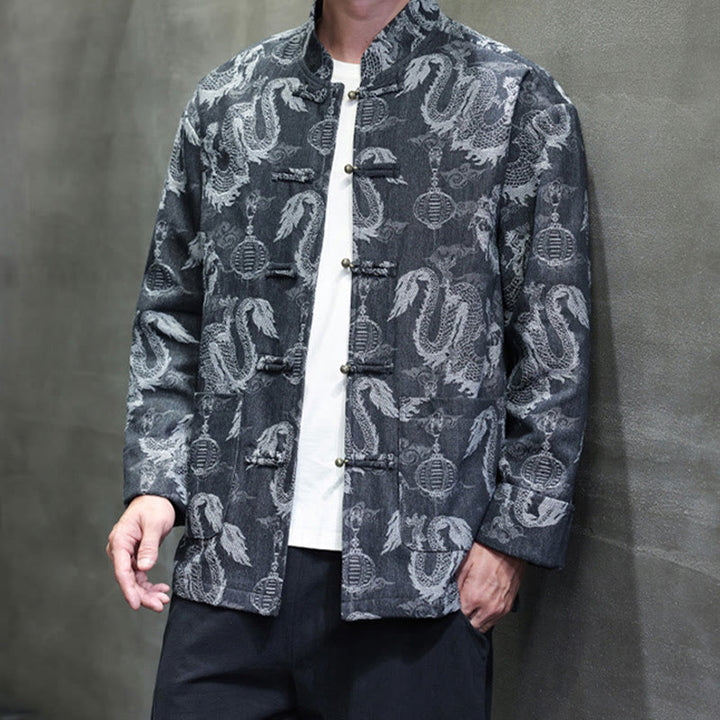 Buddha Stones Chinese New Year Jacquard Embroidery Dragon Lantern Frog-button Tang Suit Cotton Men's Jacket Shirt With Pockets - image 19