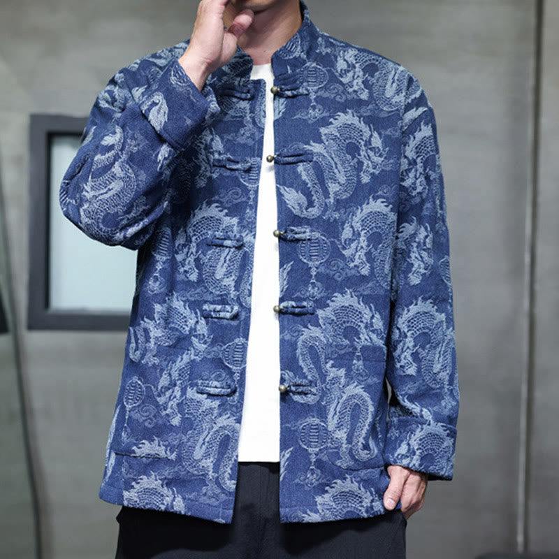 Buddha Stones Chinese New Year Jacquard Embroidery Dragon Lantern Frog-button Tang Suit Cotton Men's Jacket Shirt With Pockets - image 1