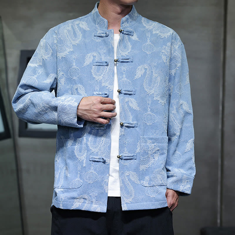 Buddha Stones Chinese New Year Jacquard Embroidery Dragon Lantern Frog-button Tang Suit Cotton Men's Jacket Shirt With Pockets - image 13