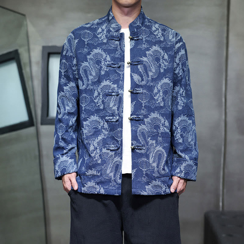 Buddha Stones Chinese New Year Jacquard Embroidery Dragon Lantern Frog-button Tang Suit Cotton Men's Jacket Shirt With Pockets - RoyalBlue - US/UK/AU46，EU56 (5XL) - image 0
